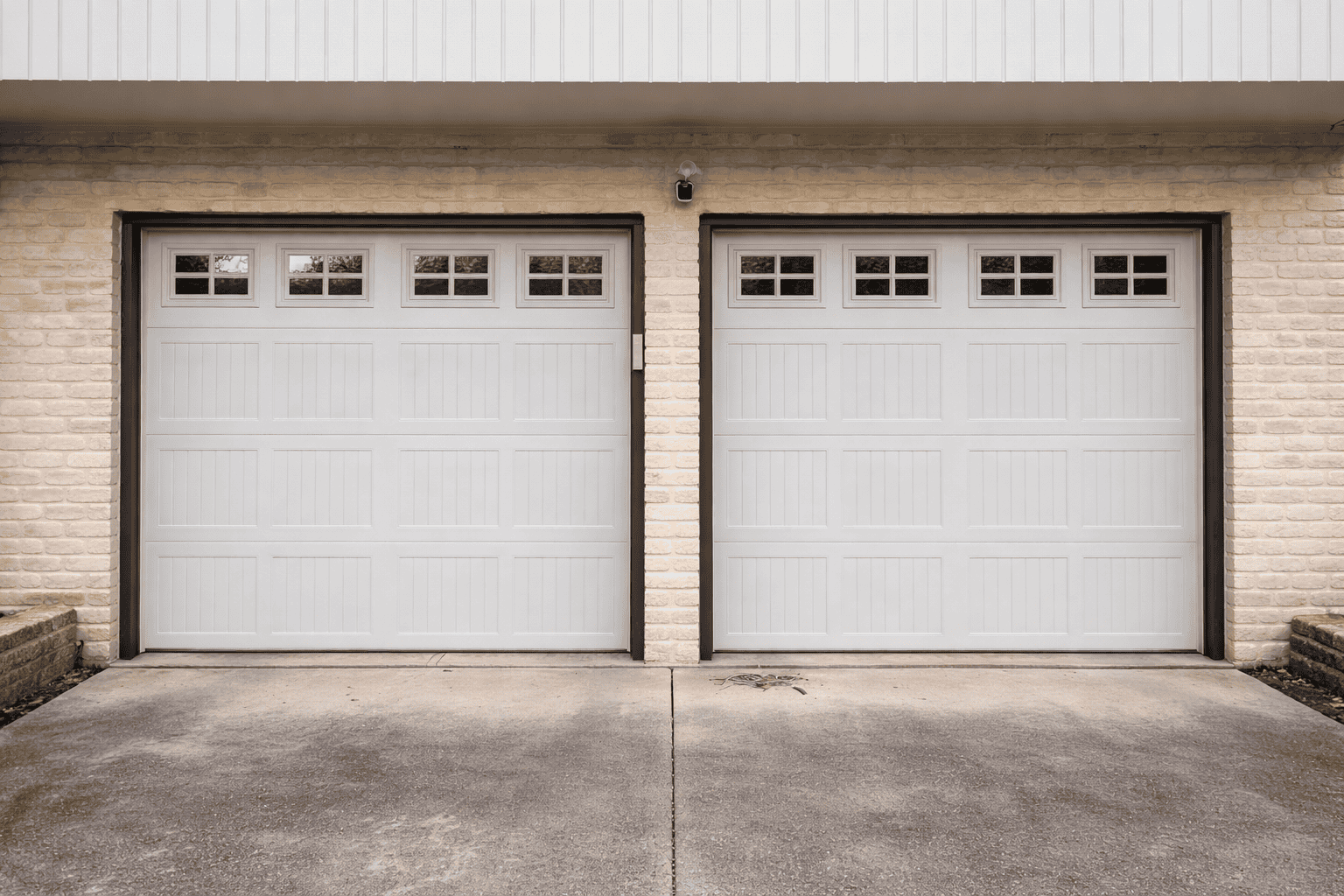 Short Panel Stamped Carriage Design - Almond - With Windows garage door repair san antonio